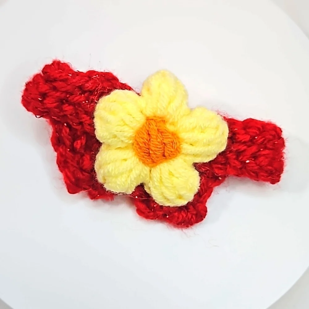 Hand Crafted Hand Knit Crochet Bow Hair Clip Red & Yellow puffy crocheted flower